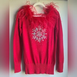 NWT Boston Proper - Women's Red Feather Trim Snowflake Holiday Sweater, Sz Small